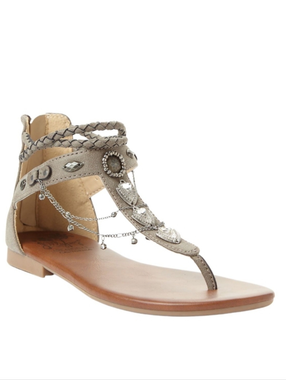 Jellypop Elvie Taupe Braided T-Strap Gladiator Sandal with Chains & Beads